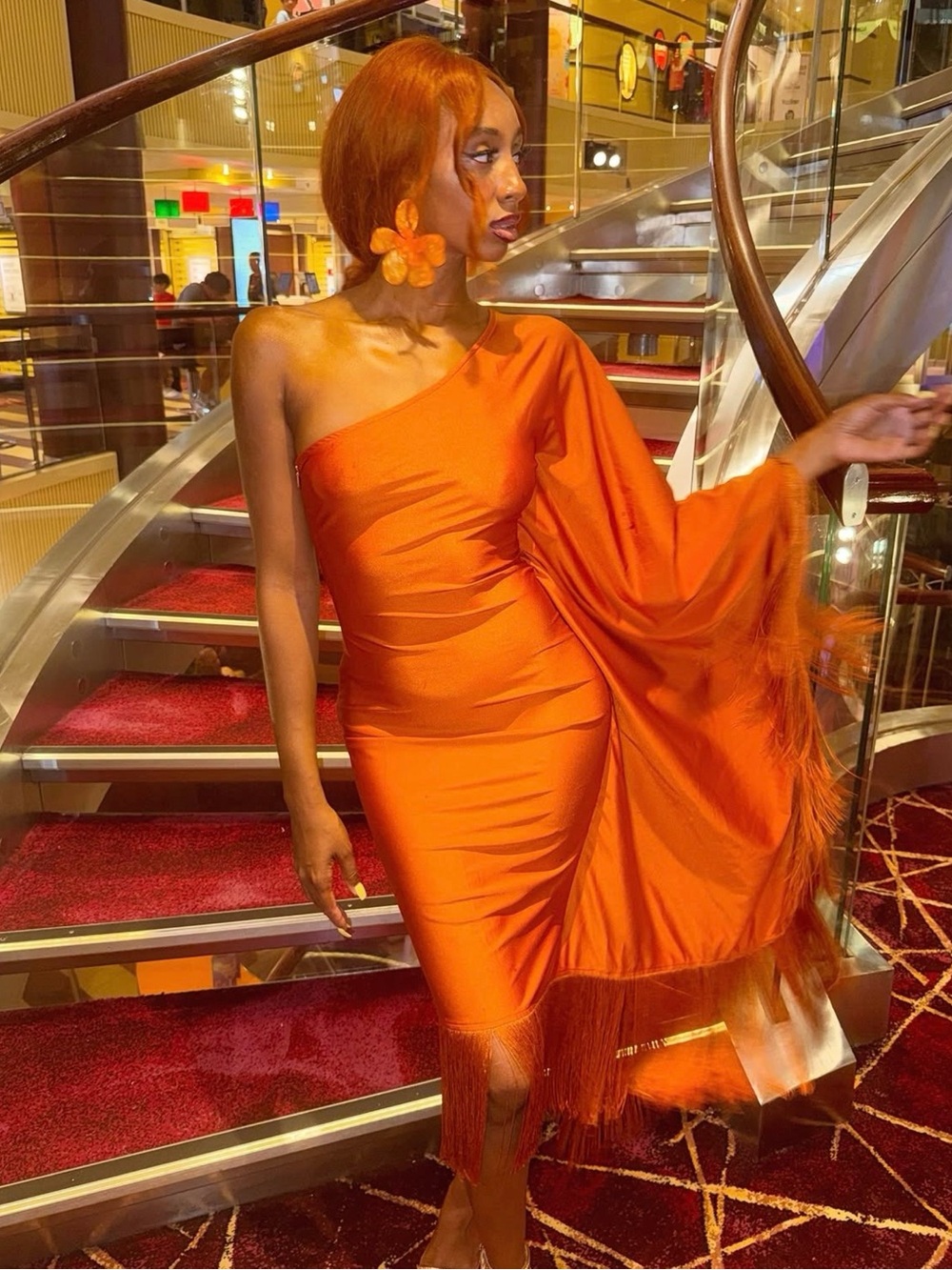 Fashion Nova One-Shoulder Orange Fringe Midi Dress